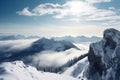 Mountain Majesty Snowy Peak above Clouds with a View of Frozen Landscape Below