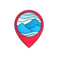 Mountain map pin locator logo badge. High cloudy mountains illustration for trekking outdoor activity concept