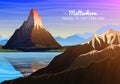Mountain matterhorn, Evening panoramic view of peaks with waterfall, landscape early in a daylight. travel or camping