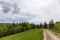 Mountain meadow with dirt road above the forest in Carpathians Royalty Free Stock Photo