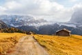 Mountain meadow and houses in Gardena valley and Seceda peak , background Alpe di Siusi or Seiser Alm in the with Province of Royalty Free Stock Photo