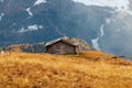 Mountain meadow and houses in Gardena valley and Seceda peak , background Alpe di Siusi or Seiser Alm in the with Province of Royalty Free Stock Photo