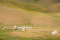 Mountain meadow with the yurts of the farmers