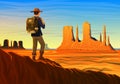 Mountain and Monument Valley with tourist, morning panoramic view, landscape early in daylight. travel camping, climbing