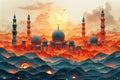 a mountain and mosque at sunset illustration background for rama rama Royalty Free Stock Photo