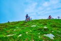 The mountain motorcyclers on Mount Hoverla peak, Carpathians, Ukraine