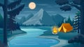 Mountain night camping. Cartoon forest landscape with lake, tent and campfire, sky with moon. Hiking adventure, nature