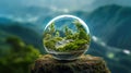 Mountain Oasis: A Green Plant Encased in a Glass Ball Resting on a Majestic Peak