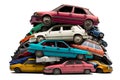 A mountain of old broken cars lying in a junkyard, white background.