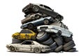 A mountain of old broken cars lying in a junkyard, white background.