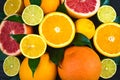 Mountain of oranges, grapefruits, limes and lemons. view from above.