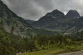 Mountain overgrown with coniferous forest, glade and rest-house toward Maliovitza peak in Rila mountain