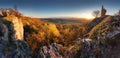 Mountain panorama with autumn forest, Ruin of castle Pajstun - Bratislava, Slovakia Royalty Free Stock Photo