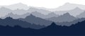 Mountain panorama. Banner with several layers of silhouettes of mountainous terrain. Hills in the evening or in the morning. Flat