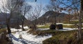 Mountain panorama with hay bales Royalty Free Stock Photo