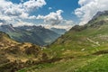 Mountain panorama at Klausenpass, view of the serpentines of the pass road, Unterschaechen, canton Uri, Switzerland Royalty Free Stock Photo