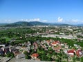 Mountain panorama of Mukachevo - view from the balcony of Palanok Castle. Beautiful spring and summer landscape of a small town in Royalty Free Stock Photo
