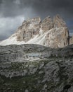 Mountain panorama with Paternkofel mountain summit and old shed in the Dolomite Alps in South Tyrol