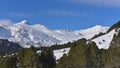 Mountain panorama, with snow, pines and blue sky