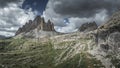 Mountain panorama with Three Peaks and Paternkofel mountain summits and old shed in the Dolomite Alps in South Tyrol