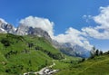 Mountain panorama trentino, Italy, green grass and blue sky