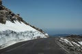 Scenic road crosses Mt. Evans in the snow.