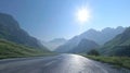 Mountain pass drive, sun peeking over peaks, clear summer sky, side angle, majestic nature