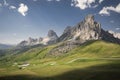 Mountain pass Passo Giau with peaks and green meadow during day in the Dolomite Alps, South Tyrol Italy