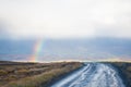 Mountain pass towards Akureyri in Iceland rainbow appearing in valley Royalty Free Stock Photo