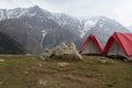 Campground for alpinists. Tourist camp on the mountain pass. Mountain Pass Triund. Royalty Free Stock Photo