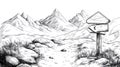 Mountain Trail Signpost Directional Arrows in Rocky Landscape, Sketch Art Royalty Free Stock Photo