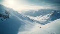 Mountain peak adventure: skiing on frozen terrain generated by AI