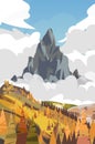 Mountain peak autumn vector valley with fir trees on a blue cloudy sky background. Warm color. Natural parkland. Vector design