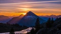 Mountain peak at sunset with river and forest dramatic Royalty Free Stock Photo