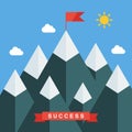 Mountain peak with flag in a flat style. Concept for illustration goals achievement, success.