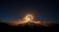 Majestic Golden Fireworks Over Snowy Mountain Peak Royalty Free Stock Photo