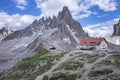 Mountain peak of Paternkofel at Three Peaks Hut in nature park of the Dolomite Alps, South Tyrol Italy