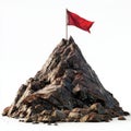 Mountain Peak with Red Flag on Summit on White Background Royalty Free Stock Photo