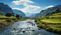 Mountain peak reflects in tranquil pond, creating idyllic panoramic landscape generated by AI