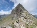 Mountain peak ridge at Niederl saddle at Stubai hiking trail, Stubai Hohenweg, Summer rocky alpine landscape of Tyrol Royalty Free Stock Photo