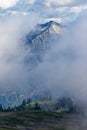 mountain peak rising up over clouds and fog with forest down below Royalty Free Stock Photo