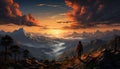 Mountain peak silhouette at sunset, an adventurous hiking journey in nature generated by AI