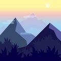 Mountain peak silhouettes scenery. Scenic night landscape flat style illustration. Vector square background clipart for Royalty Free Stock Photo