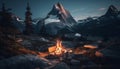 Mountain peak, snow, campfire flame, natural phenomenon, tranquil scene, outdoors generated by AI