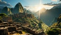 Mountain peak, sunset, ancient ruins, green land generated by AI