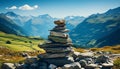 Mountain peak on top of tranquil cairn, balancing nature harmony generated by AI
