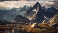 Mountain peak towering high, camping adventure in tranquil wilderness generated by AI