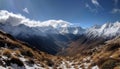 Mountain peak towering high, snow capped beauty in nature panoramic view generated by AI