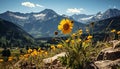 Mountain peak, wildflower meadow, sunflower blossom, tranquil sunset over landscape generated by AI Royalty Free Stock Photo