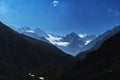 mountain peaks of glaciers with snow on background of a blue